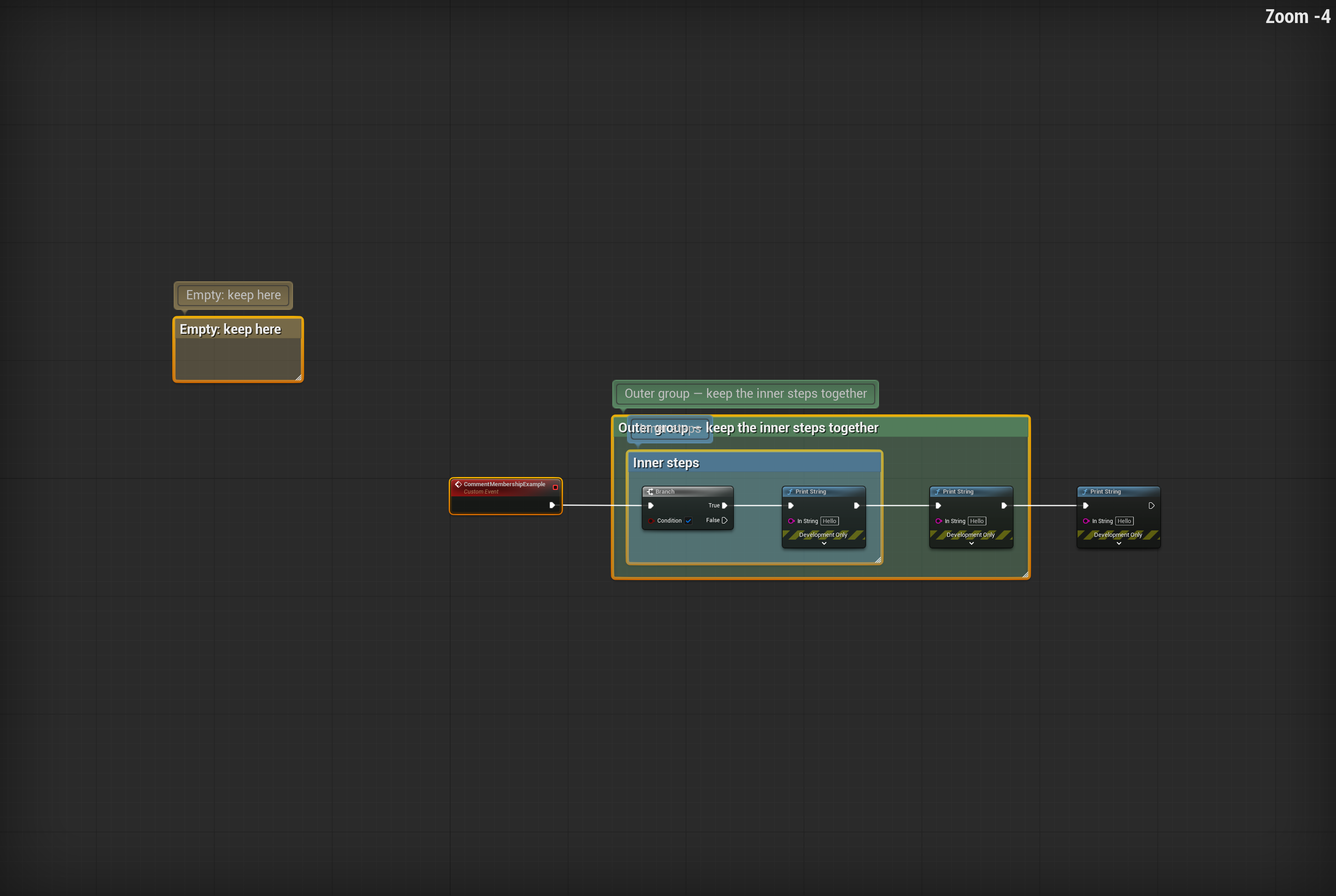 Native Unreal capture showing nested comment groups preserved around their Blueprint nodes.